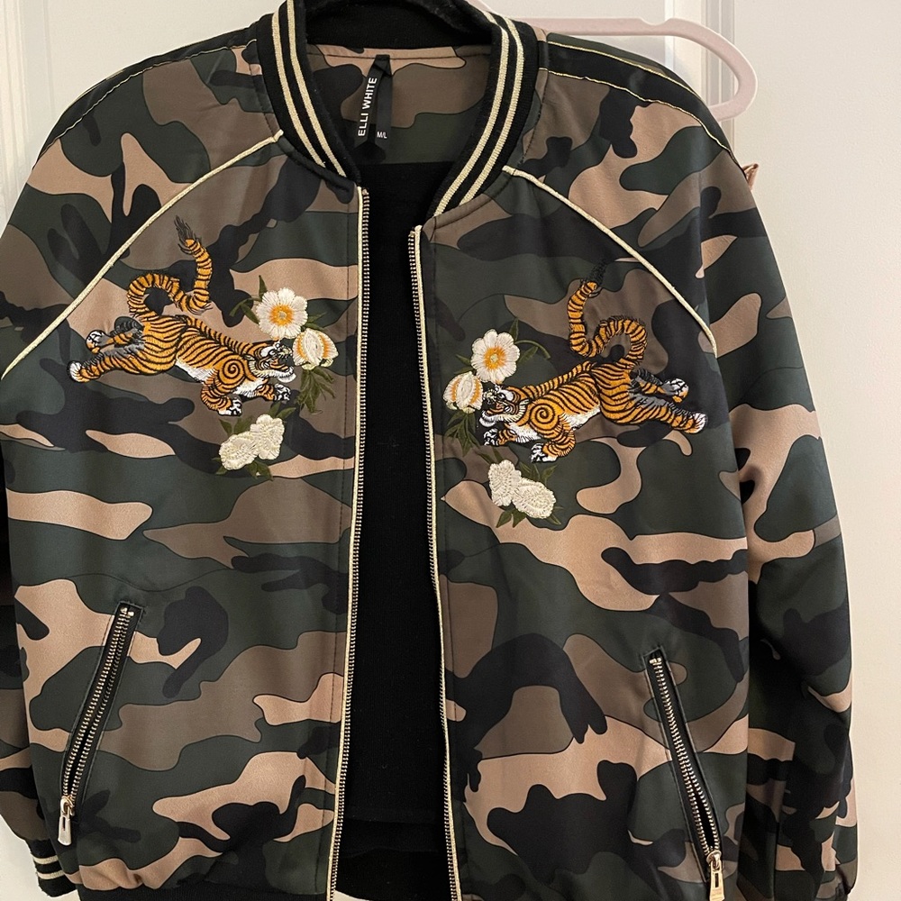 Satin cami bomber embroidered floral tiger motif
